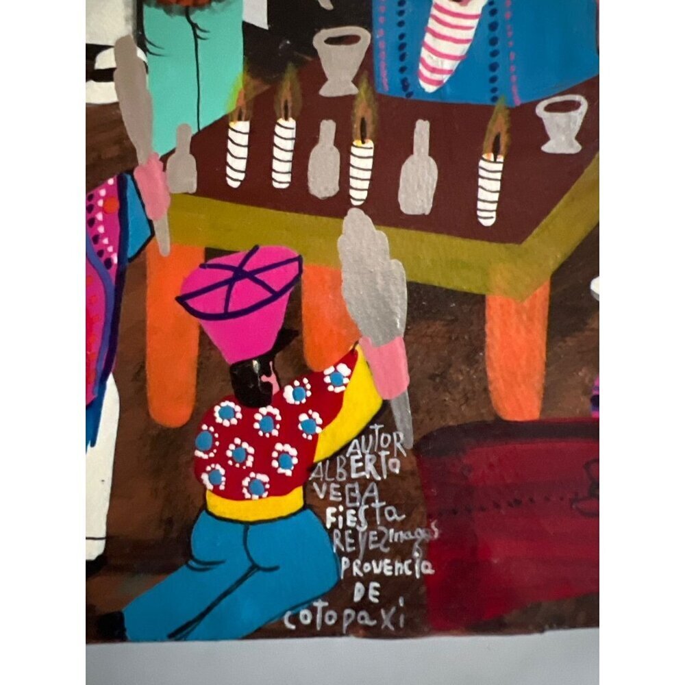 Vintage Alberto Vega Peruvian Folk Art Animal Hide Painting Bright Mid Century - Picture 2 of 11